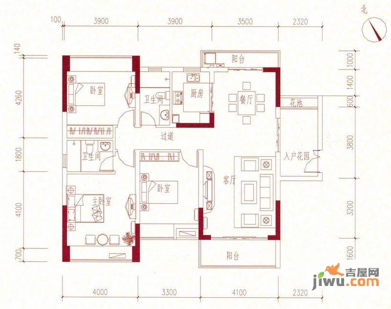 美丽湾畔花园3室2厅2卫133.5㎡户型图