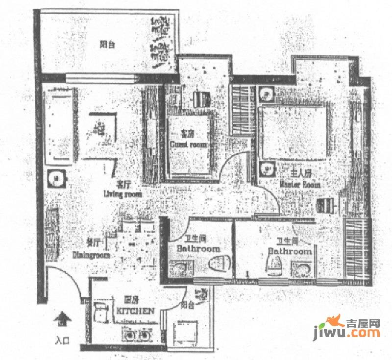 丽景花园三期3室2厅2卫86㎡户型图