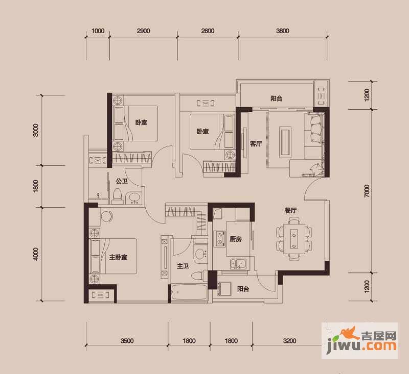 金地外滩8号3室2厅2卫95.3㎡户型图