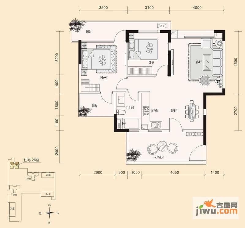 棕榈泉公寓2室2厅1卫90.7㎡户型图