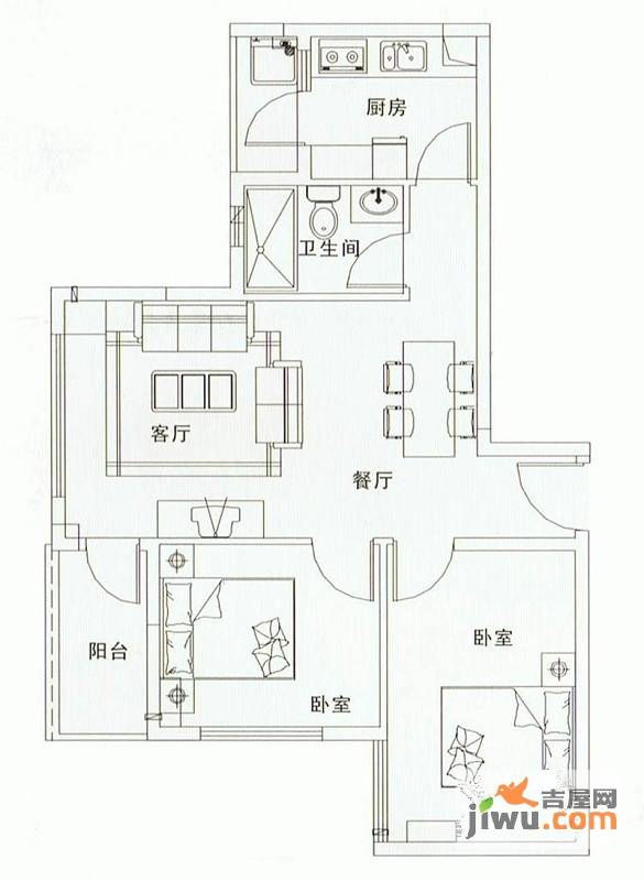 凯悦美景花园2室2厅1卫76㎡户型图