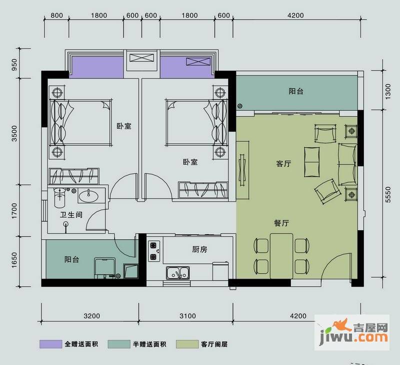 橡墅.鹿先生De社区2室2厅1卫84.2㎡户型图