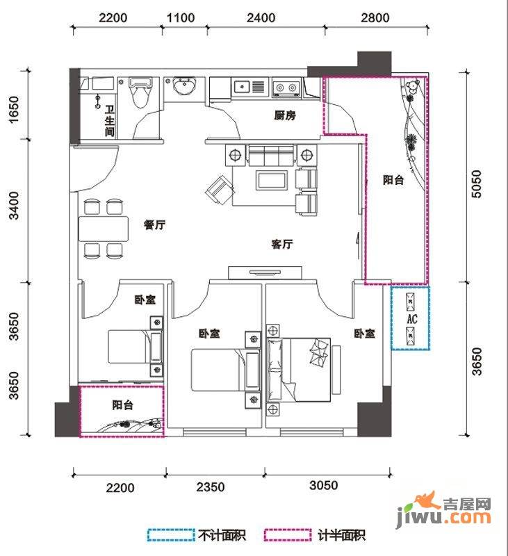 鹏达御西湖3室2厅1卫85㎡户型图