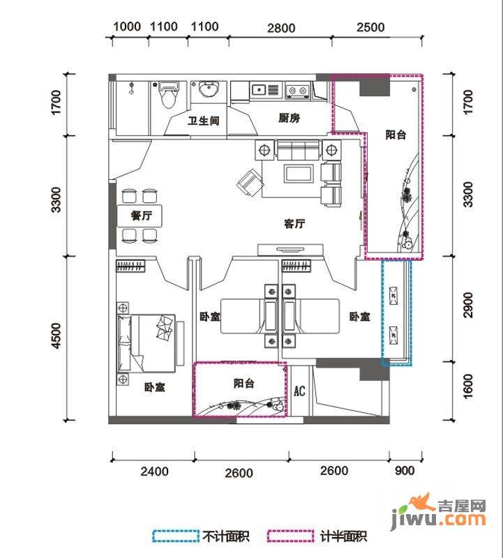 鹏达御西湖3室2厅1卫87㎡户型图