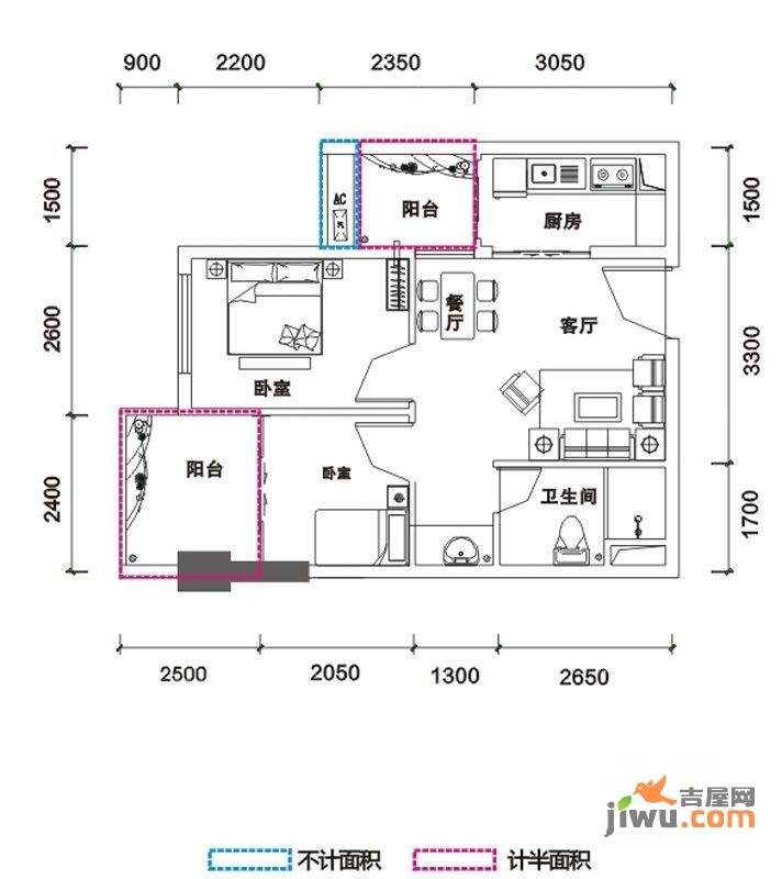 鹏达御西湖2室1厅1卫57㎡户型图