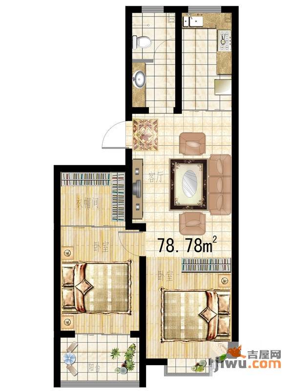 中安翡翠苑2室1厅1卫78.8㎡户型图