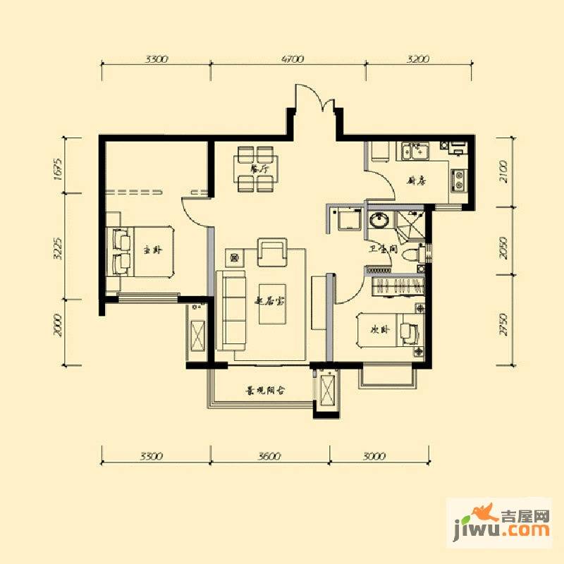 茂华紫苑公馆2室2厅1卫92.3㎡户型图