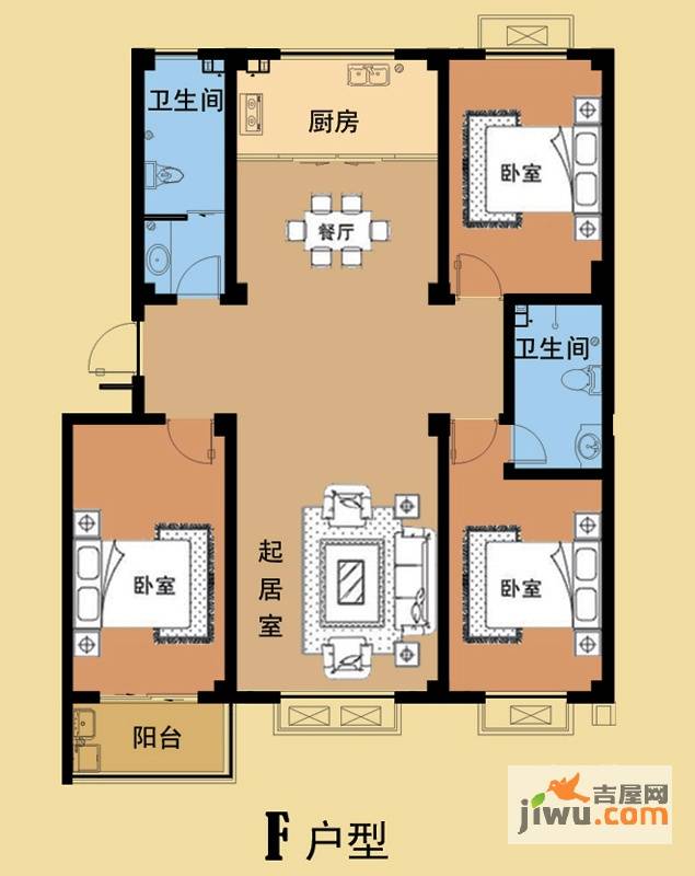 海盛花苑3室2厅2卫131㎡户型图