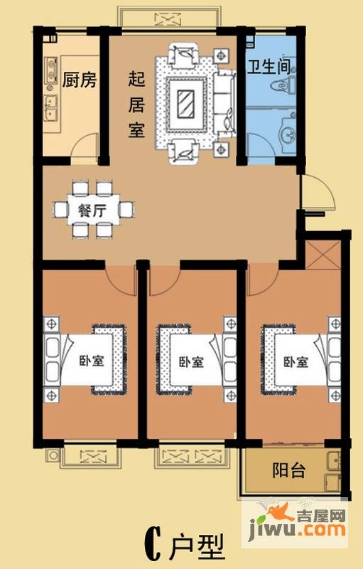 海盛花苑3室2厅1卫114.1㎡户型图