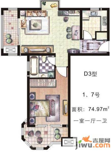 天和湖滨1室1厅1卫75㎡户型图