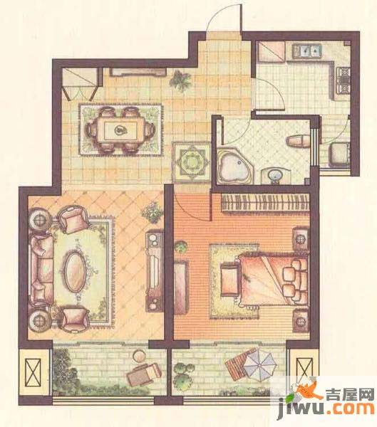 西上海名邸1室2厅1卫75.4㎡户型图