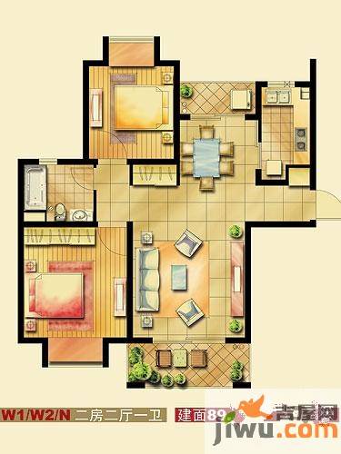 艺泰安邦2室2厅1卫89.4㎡户型图