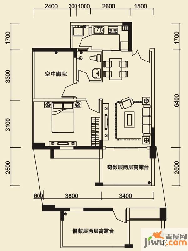 信义荔山公馆1室2厅1卫66.7㎡户型图