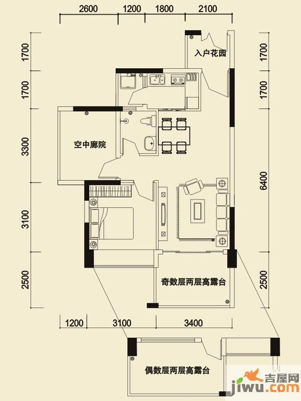 信义荔山公馆1室2厅1卫67.7㎡户型图