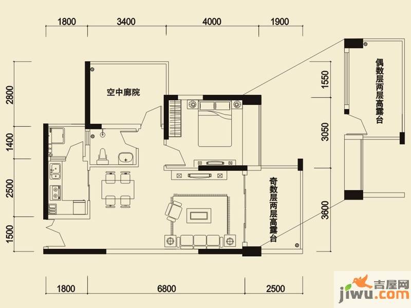 信义荔山公馆1室2厅1卫72.3㎡户型图