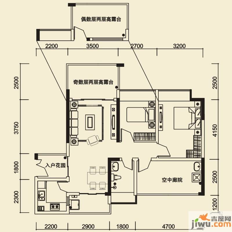 信义荔山公馆2室2厅1卫86.1㎡户型图