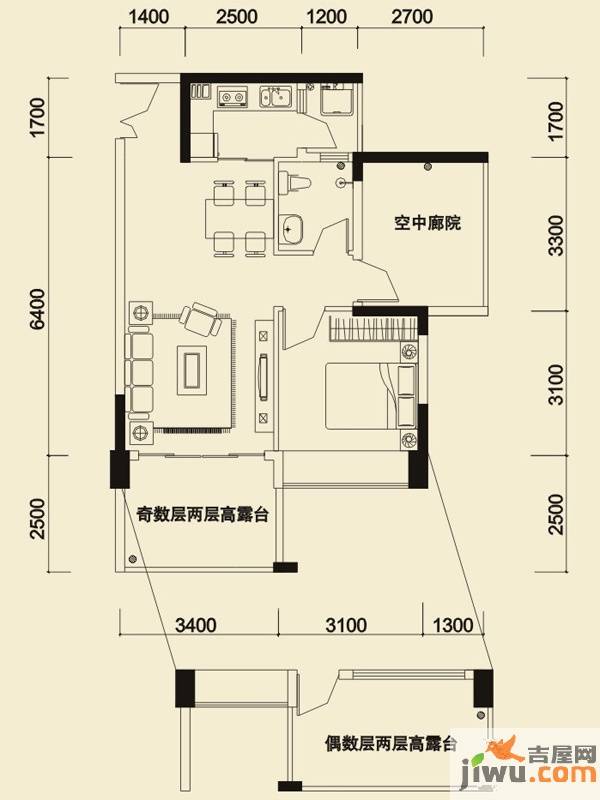 信义荔山公馆1室2厅1卫66.5㎡户型图