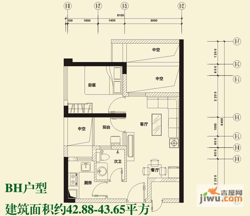 上东湾1室1厅2卫42.9㎡户型图