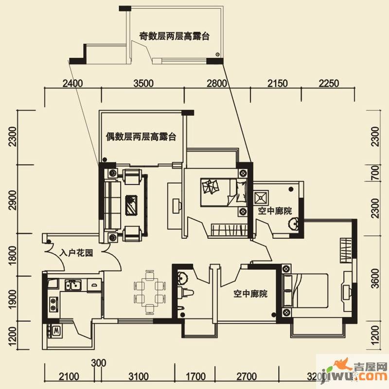 信义荔山公馆2室2厅1卫85.5㎡户型图