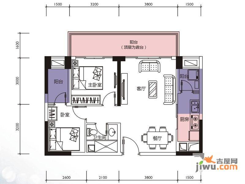 莱蒙水榭春天2室2厅1卫75㎡户型图