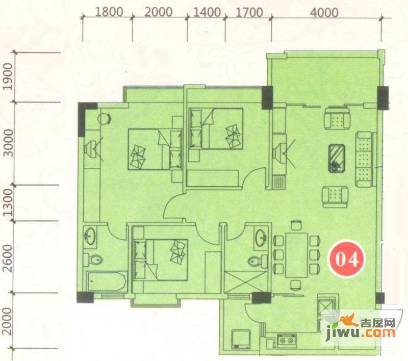 宝乐园3室2厅2卫104.3㎡户型图