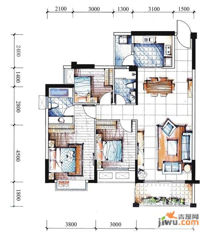 金山湖花园3室2厅2卫124㎡户型图