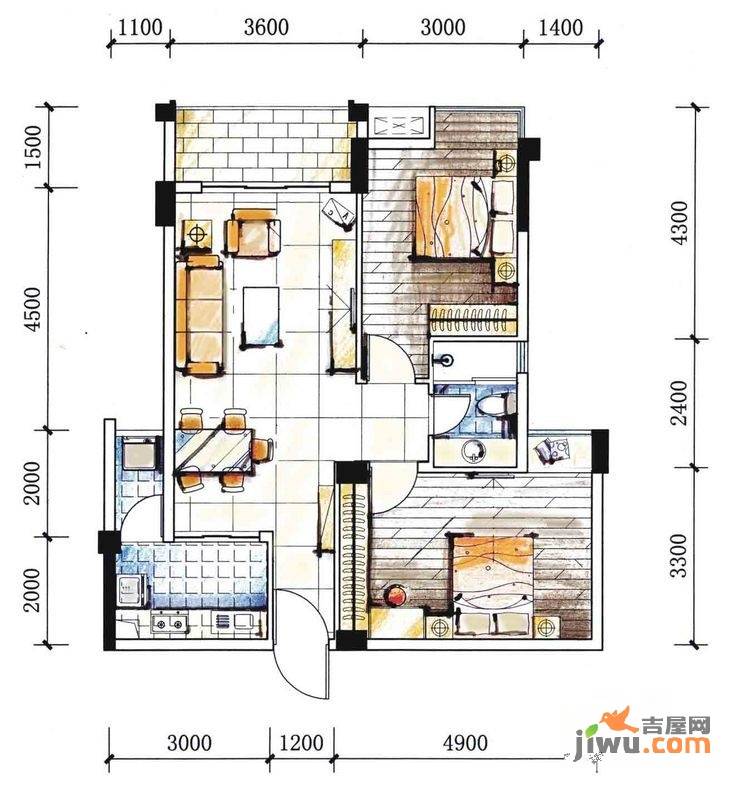 金山湖花园2室2厅1卫80㎡户型图