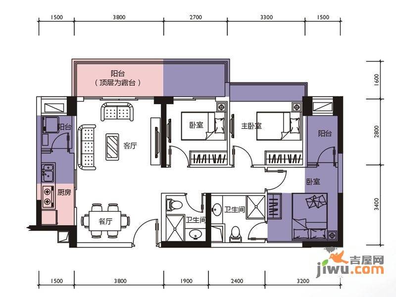 莱蒙水榭春天3室2厅2卫88㎡户型图