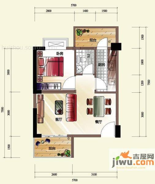 风华丽都1室2厅1卫48.5㎡户型图