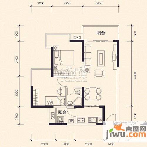 信义荔山公馆2室2厅1卫75.4㎡户型图