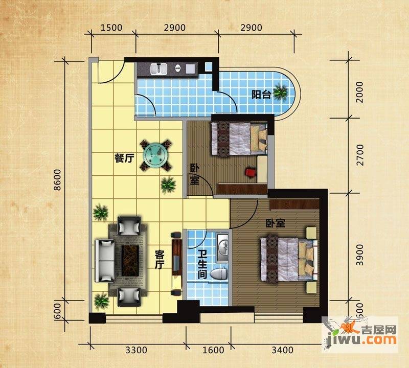 华宇新天2室2厅1卫77.3㎡户型图