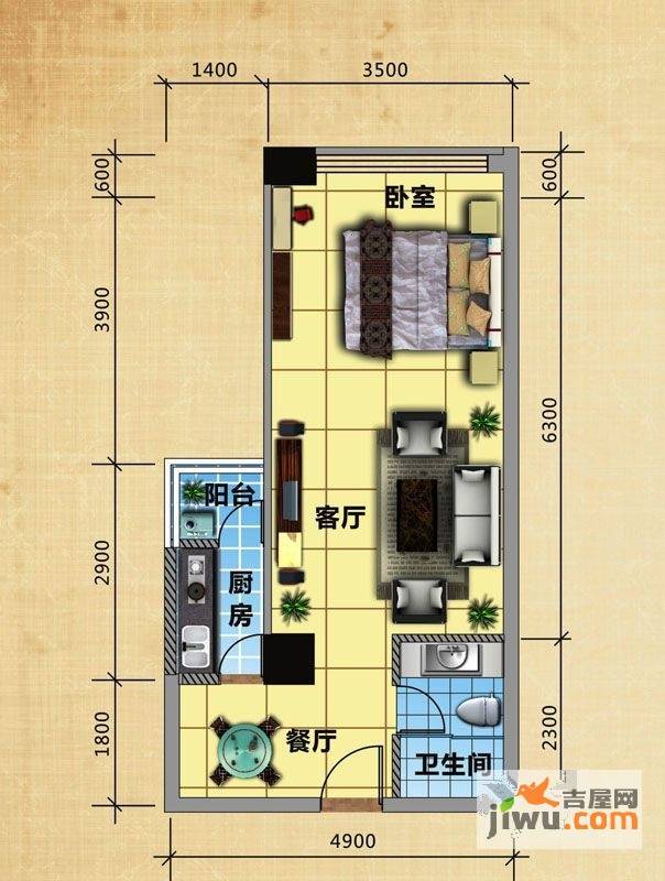 华宇新天1室2厅1卫43.4㎡户型图