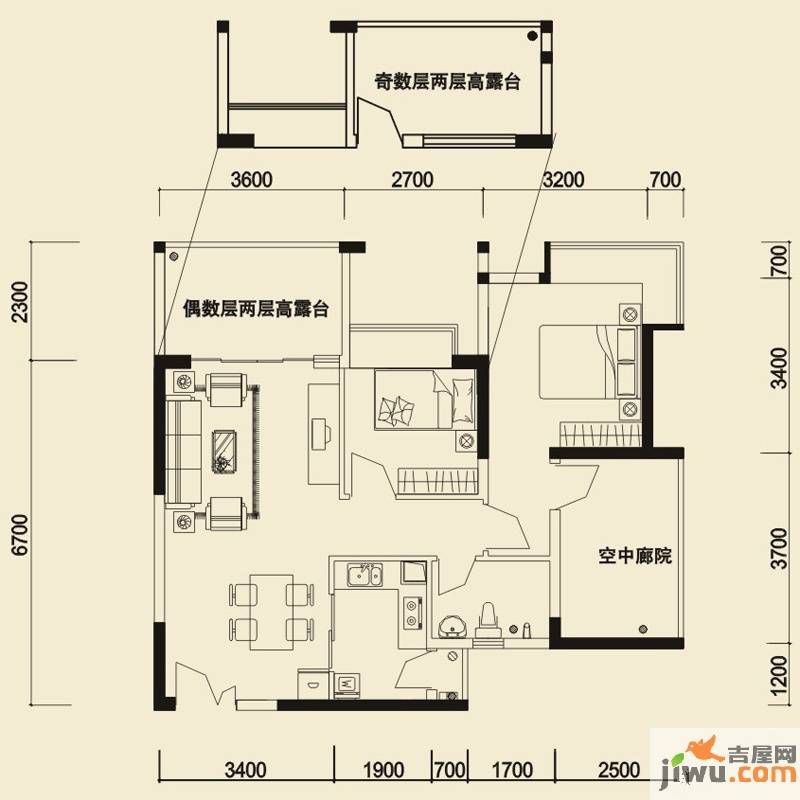 信义荔山公馆2室2厅1卫82.8㎡户型图