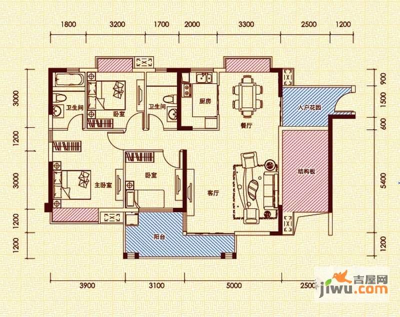 宏益公馆3室2厅2卫124.3㎡户型图