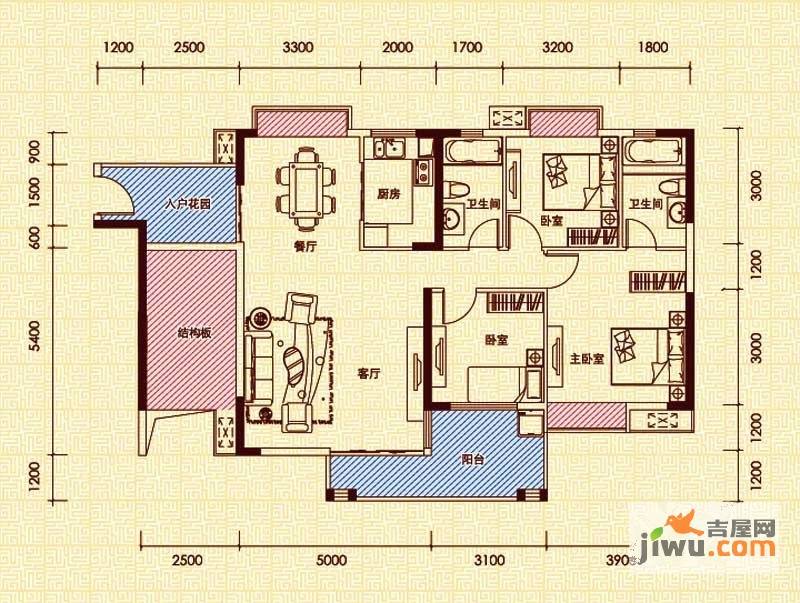 宏益公馆3室2厅2卫124.3㎡户型图