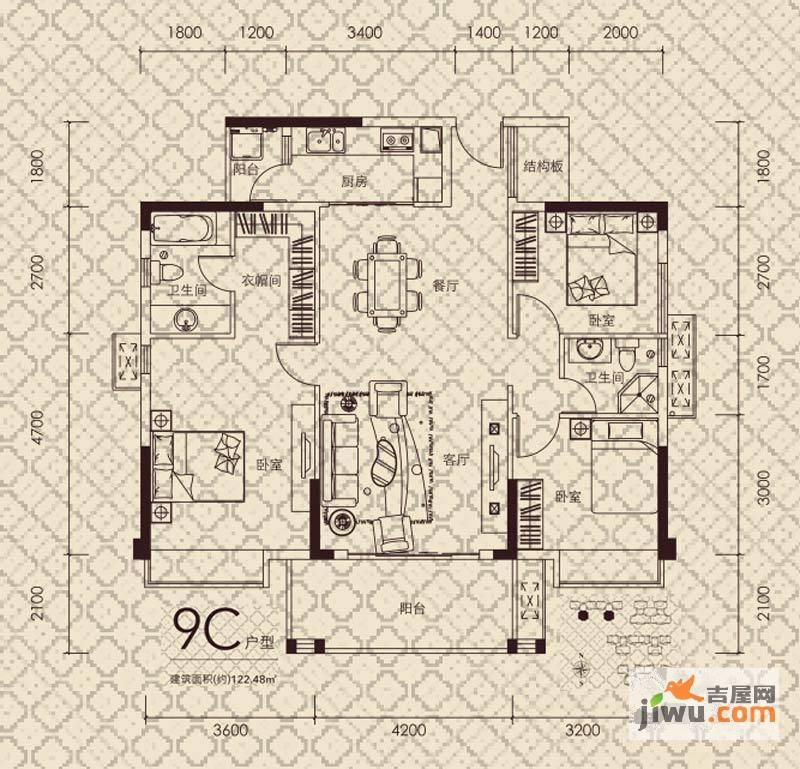 宏益公馆3室2厅2卫122.5㎡户型图