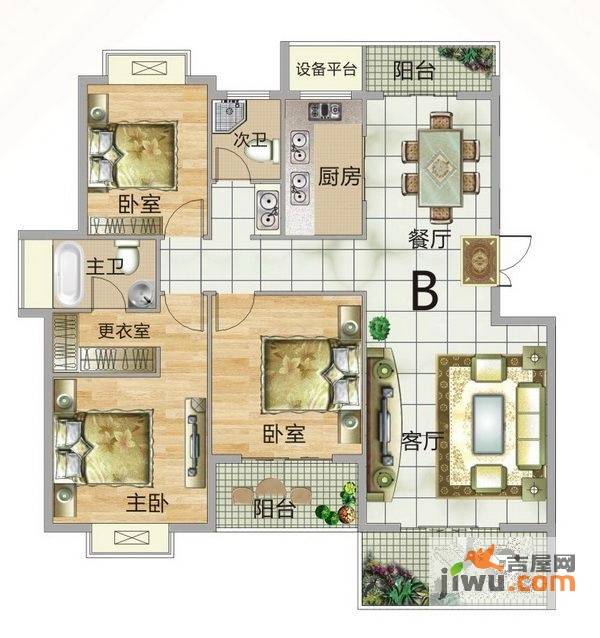 山水清华3室2厅2卫124.8㎡户型图