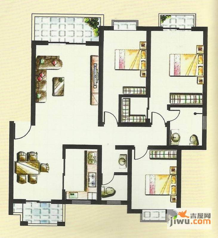 楚香苑3室2厅2卫129㎡户型图