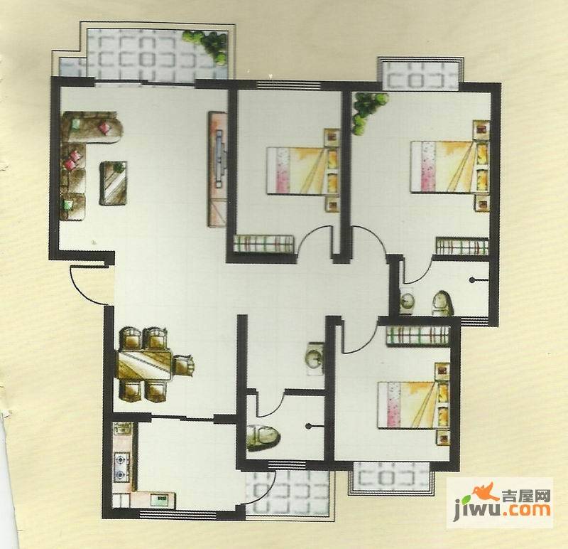 楚香苑3室2厅2卫129㎡户型图