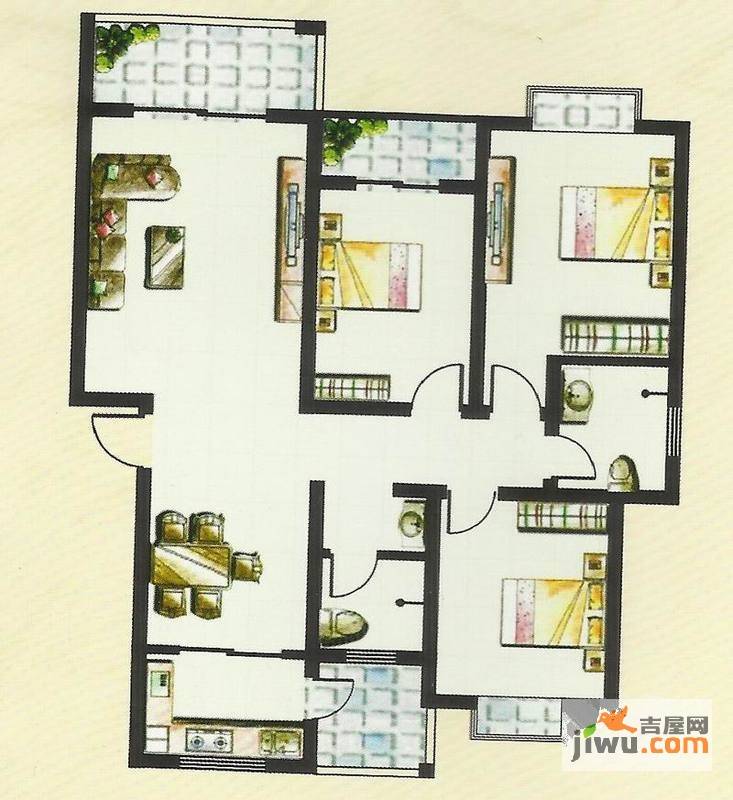 楚香苑3室2厅2卫129㎡户型图