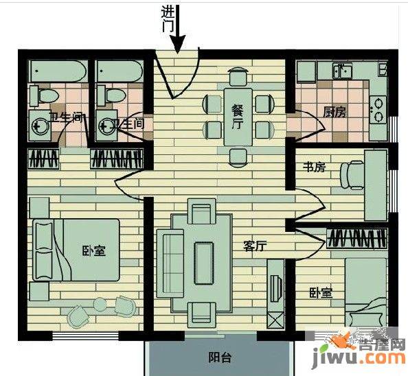 山合院3室2厅1卫88㎡户型图