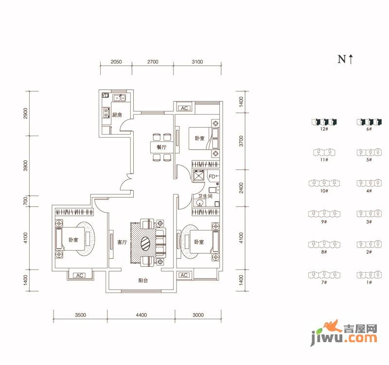 保利香槟湾3室2厅1卫117.6㎡户型图