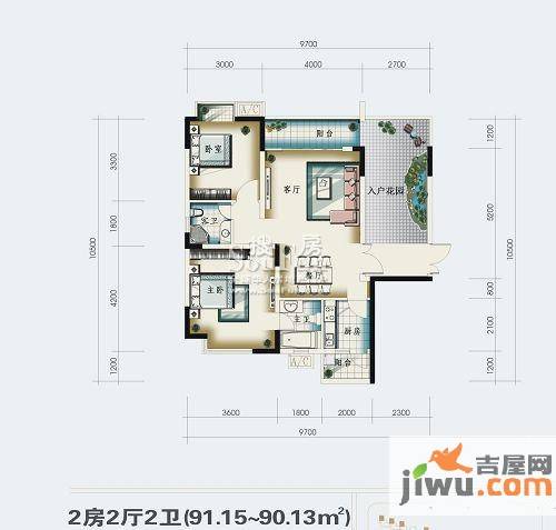 岳泰理想城2室2厅2卫91.2㎡户型图