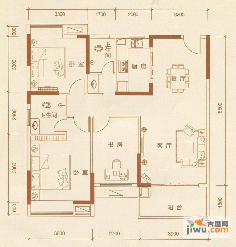 恒万西溪里3室2厅2卫123.8㎡户型图