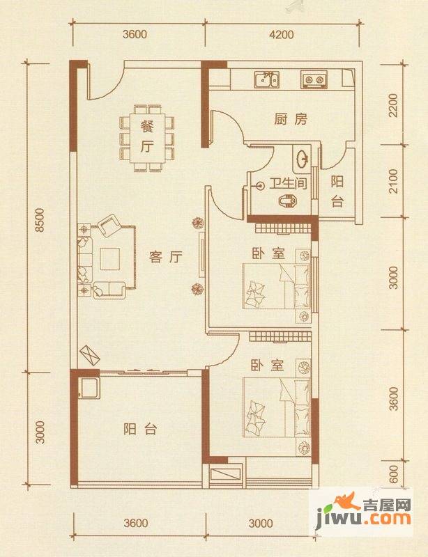 恒万西溪里2室2厅1卫95.3㎡户型图