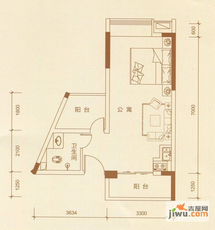 恒万西溪里1室1厅1卫47.7㎡户型图