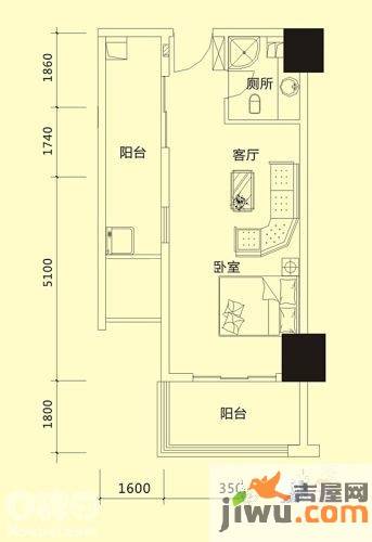 湘水一城1室1厅1卫50㎡户型图