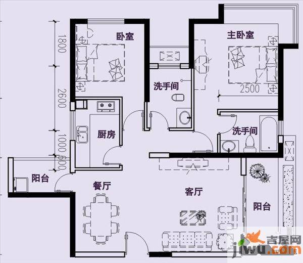 极目楚天2室2厅2卫89.5㎡户型图