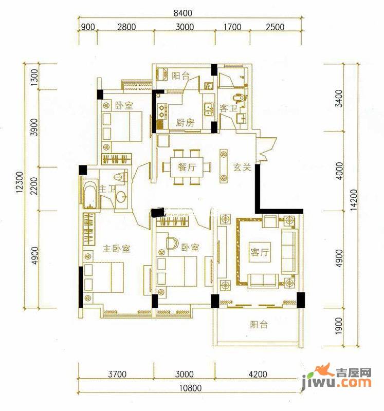 珠江花城3室2厅2卫131.3㎡户型图