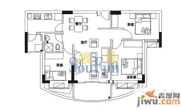 珠江花城3室2厅1卫90㎡户型图